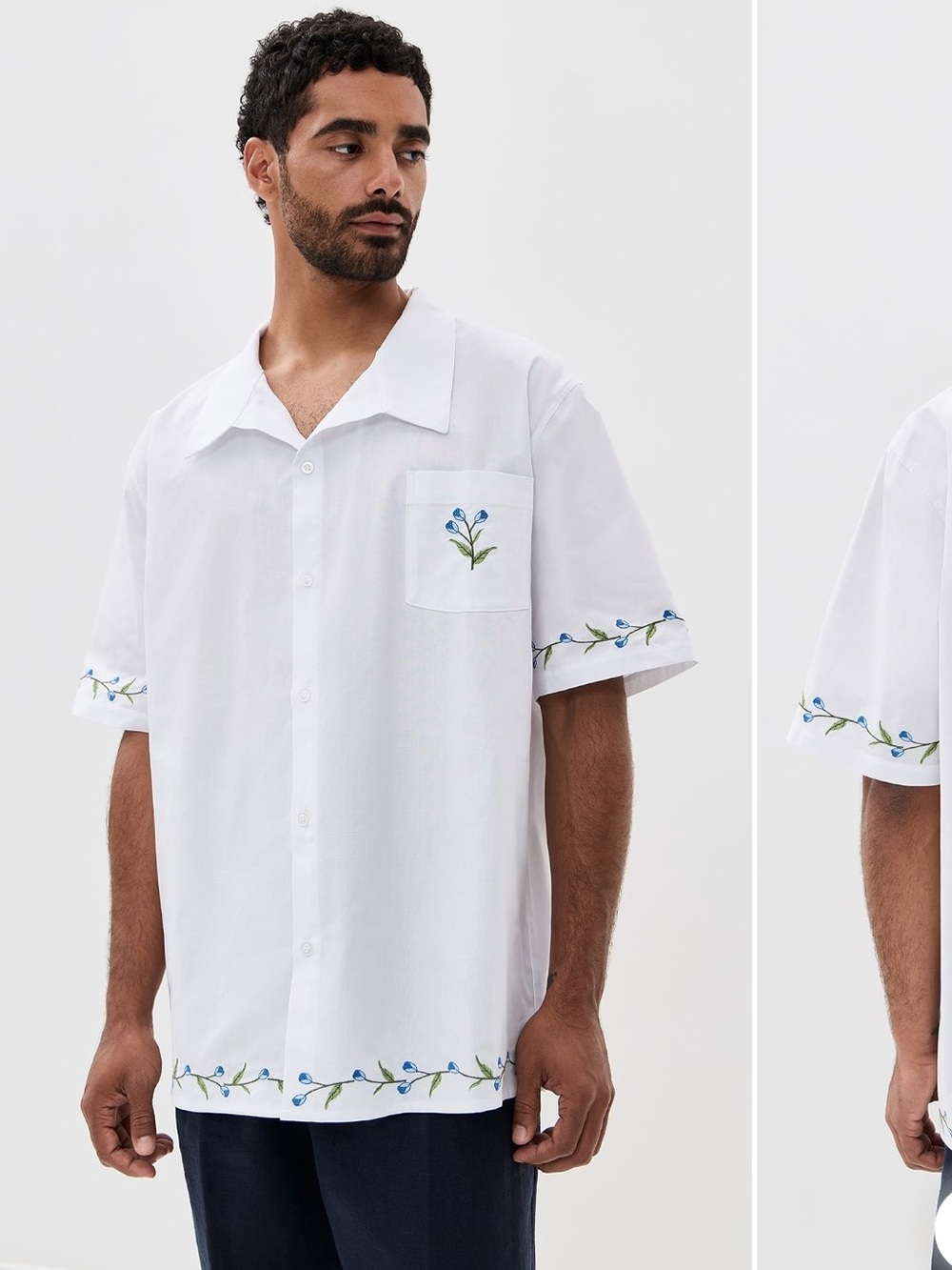 Fanm Mon White Short-Sleeve Camp Shirt with Blue Floral Embroidery